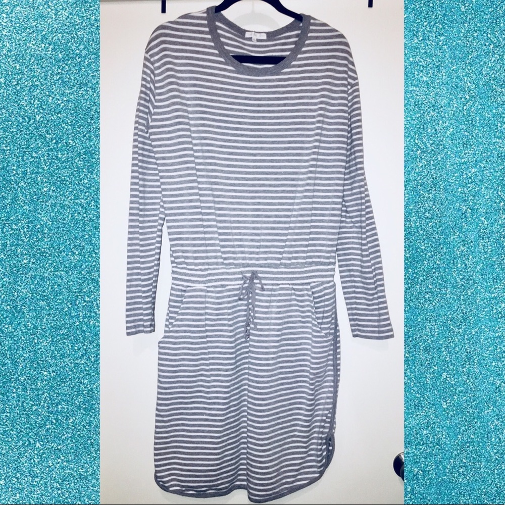 Grey White Striped Sweater Dress with Pockets